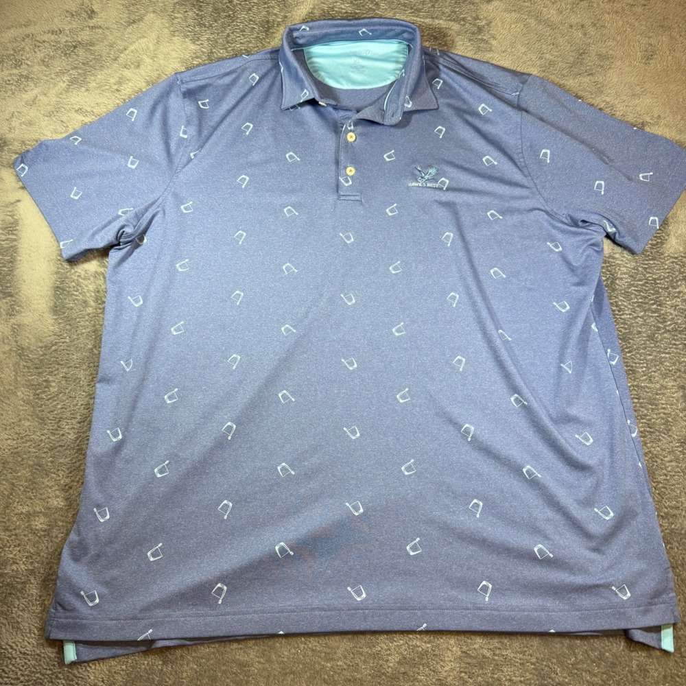 Johnnie-O Mens XL Blue Performance Golf Polo Shirt Cocktail Print Hawks Nest